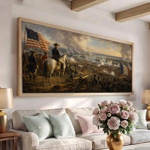 May include: A large rectangular framed wall art print depicting a historical battle scene with soldiers in blue uniforms, a figure on a white horse, and an American flag with thirteen stars. The landscape shows a harbor with ships and smoke.