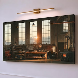 May include: A rectangular wall art print depicting a workshop interior with large grid windows, a central wooden workbench, and a wood-burning stove with a glowing fire. A long, thin, horizontal gold-toned LED light fixture is mounted above the print.