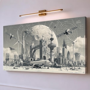 May include: A rectangular wall art print featuring a monochromatic illustration of a futuristic cityscape with Tower Bridge, a large moon, a commercial airplane, wind turbines, and orbiting satellites, all overlaid with technical blueprint grid lines.