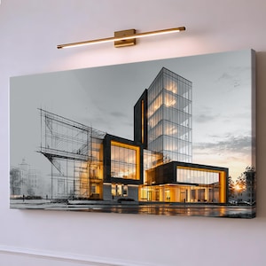 Może przedstawiać: Prostokątny wydruk ścienny przedstawiający nowoczesny budynek, który przechodzi od czarno-białego szkicu architektonicznego po lewej stronie do w pełni wyrenderowanej, oświetlonej konstrukcji ze szkła i ciemnego kamienia po prawej stronie.