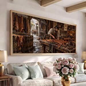Leatherworking Workshop Canvas Print, Artisan Profession Wall Distinctive Art Decor
