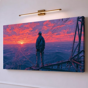 May include: A rectangular canvas wall art print depicting a person in a hard hat and work gear standing on a metal structure overlooking a vast landscape at sunset. The sky is filled with vibrant red and orange clouds above dark blue mountains.