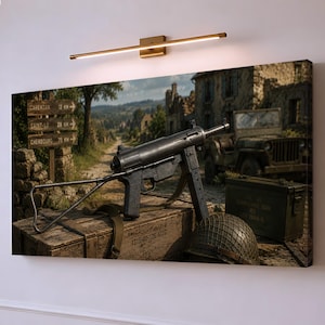 May include: A rectangular wall art print depicting a black submachine gun resting on a wooden crate, with a military helmet, a green ammunition box, and a vintage jeep in the background. A wooden signpost shows distances to Carentan, Saint-Lo, and Cherbourg.