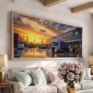 May include: A rectangular wall art print in a light wood frame depicting a logistics facility at sunset. The scene features a large warehouse with the text LOGISTICS WORLDWIDE SOLUTIONS, a semi-truck, a forklift, shipping containers, and an airplane.