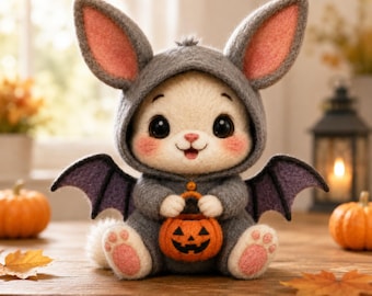 Nadelfilz-Fledermaus-Hasenpuppe, niedlicher Hase im Fledermauskostüm mit Kürbis, Herbstdeko, handgefertigtes Filzspielzeug, gruselig-süßes Geschenk, nepalesischer Filz