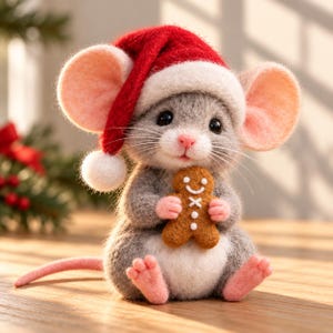 May include: A needle-felted grey mouse figurine wearing a red and white Santa hat. The mouse has large pink-toned ears, a pink nose, and long whiskers. It is holding a small brown gingerbread man cookie with white icing details.