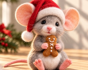 Needle Felted Mouse with Christmas Hat | Handmade Grey Mouse with Cookie Figurine |  Xmas Wool Desk Decor | Festive Tabletop Holiday Decor
