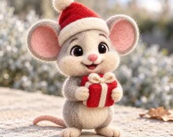 Ratinho de Natal em Feltro Agulhado com Caixa de Presente | Ratinho Cinza Artesanal com Gorro de Papai Noel | Enfeite de Árvore em Feltro | Presente de Natal