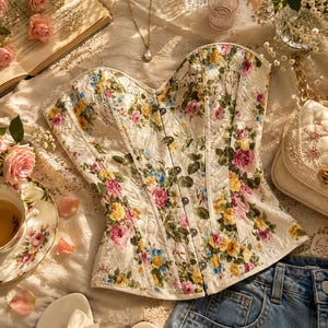 May include: A strapless corset top featuring a cream-colored fabric with a vibrant floral pattern of pink, yellow, and blue roses and green leaves. The garment has a front button closure with metallic buttons and vertical seam detailing throughout.