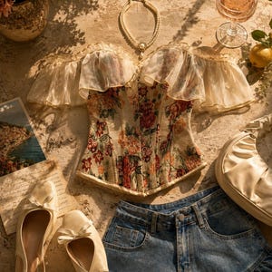 May include: A floral tapestry corset top with off-the-shoulder ruffled mesh sleeves, a pearl necklace, cream-colored slingback flats with bows, a cream shoulder bag, and a blue denim skirt with a ruffled hem, arranged on a stone surface.