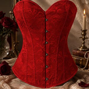 May include: A deep red corset featuring a sweetheart neckline and a subtle tonal damask pattern. The garment has a front closure with six silver-toned metal busk clasps and vertical boning channels throughout the structured bodice design.