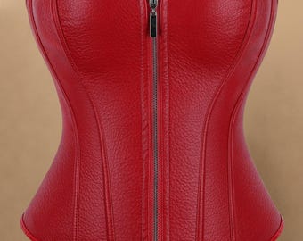 Red Overbust Corset Top with Sweetheart Neckline and Front Zipper