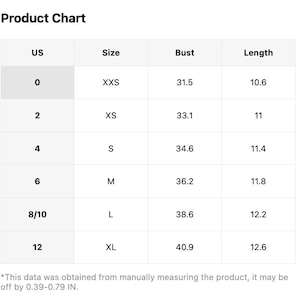 May include: A black and white product chart displaying sizing information. Columns include US size, size label, bust measurement in inches, and length in inches. Rows range from US size 0 to 12. A disclaimer notes measurements may vary by 0.39-0.79 inches.