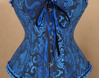Blue Jacquard Corset Top, Strapless Sweetheart Neckline with Ruffle Trim