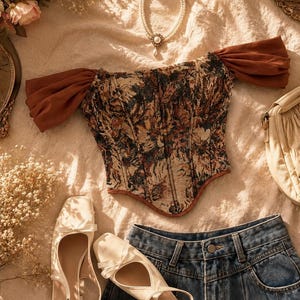 May include: A strapless corset top featuring a multi-colored floral tapestry pattern with brown off-the-shoulder sleeves, a pearl necklace, cream-colored slingback flats with bows, and blue denim jeans arranged on a textured fabric surface.