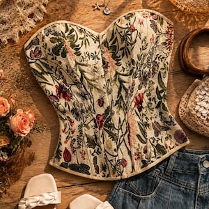 May include: A strapless corset top featuring a cream-colored base with a detailed woven botanical print of various flowers, leaves, and butterflies in shades of green, red, and purple, finished with a vertical row of buttons down the center front.