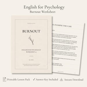 May include: A beige English for Psychology Burnout Worksheet with a black tree branch graphic. The cover features the text Paper & Fog, Burnout, English for Psychology Worksheet 01, B2 Level, and a quote about stress. A second page shows case study text.