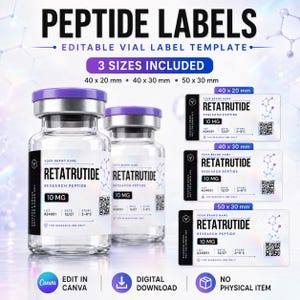 Puede incluir: Una plantilla digital editable para etiquetas de viales de péptidos con el texto RETATRUTIDE, 10 MG y detalles de investigación. Incluye tres tamaños de etiqueta: 40 x 20 mm, 40 x 30 mm y 50 x 30 mm, con código QR y estructuras químicas.