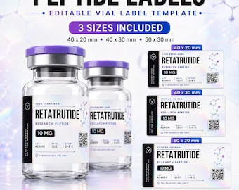 Editable Peptide Vial Label Canva Template , 3 Sizes 40x20 40x30 50x30mm, Printable Custom Sticker Design