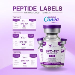 Może przedstawiać: Edytowalny szablon etykiet peptydowych z tekstem PEPTIDE LABELS oraz BPC-157 5 MG. Projekt zawiera trzy szklane fiolki z fioletowymi nakrętkami i białymi etykietami oraz trzy prostokątne układy etykiet w rozmiarach 40x20mm, 40x30mm i 50x30mm.