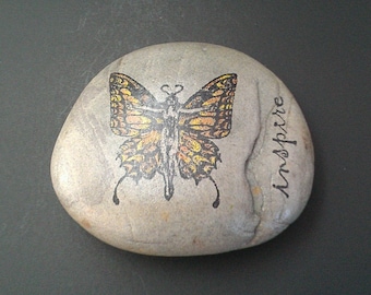 Butterfly stone inspire garden rock hand stamped home spring decor inspirational paperweight