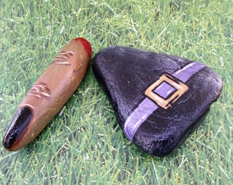 Chapeau de sorcière et pierres à doigts de sorcière ensemble de deux décorations de jardin de bureau à domicile d’Halloween peintes à la main