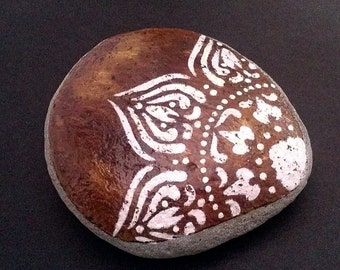 Henna boho inspired hand painted desk stone garden accessory