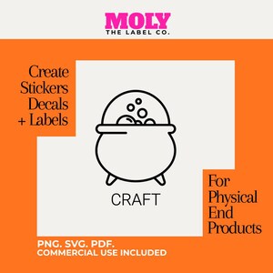 Könnte beinhalten: Eine digitale Grafik mit einem schwarzen Liniengrafik-Symbol eines Kessels mit Blasen auf weißem Hintergrund. Der Text lautet MOLY THE LABEL CO., Create Stickers Decals + Labels, CRAFT, For Physical End Products, sowie PNG. SVG. PDF. COMMERCIAL USE INCLUDED.