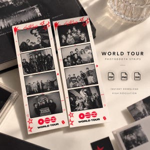 May include: Two vertical photobooth strips featuring black and white group photos of people. The white borders are decorated with red star graphics and the text "AIRANG" and "WORLD TOUR". The strips are displayed alongside text reading "WORLD TOUR PHOTOBOOTH STRIPS" and file format icons for PDF, PNG, and SVG.