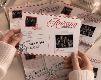 Printbare ansichtkaart geïnspireerd op BTS, Arirang World Tour-kaart, gratis Kpop-concertartikelen, Army-cadeau, pdf, svg, png downloaden