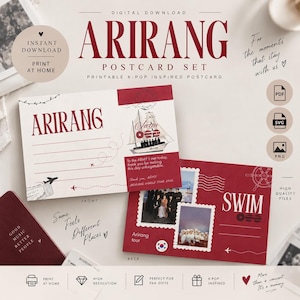 Puede incluir: Un set de postales digitales Arirang para descargar, compuesto por dos tarjetas rectangulares en tonos granate y blanco. La tarjeta frontal muestra una ilustración de un barco y texto, mientras que la trasera incluye dos marcos de fotos y el texto SWIM.