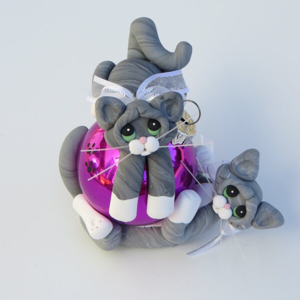 Polymer Clay Christmas Ornament Gray Tabby Cats Playing