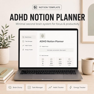Puede incluir: Una pantalla de portátil que muestra una plantilla de Notion para TDAH con secciones para Brain Dump, Task Manager, Habit Tracker y Energy Tracker. La interfaz muestra un resumen diario con recuento de tareas, hábitos y niveles de energía.