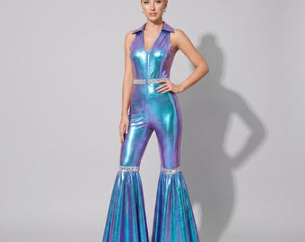 Women's Retro Disco Jumpsuit | Elegant Zip Front Party Costume | Stage Dance Outfit