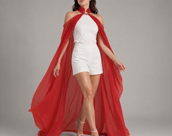 Gothic Chiffon Cape Shawl | Flowing Train Halter Cloak for Cosplay | Halloween & Gothic Costumes