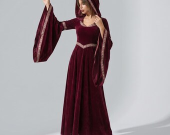 Women's Hooded Medieval Dress | Bell Sleeve Renaissance Gown | Festival and Stage Outfit