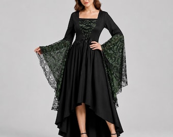 Gothic Witch Costume Dress | Medieval Gown with Lace Bell Sleeves | Halloween Cosplay Costume