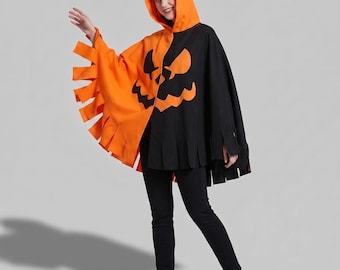 Pumpkin Hooded Cape | Spooky Poncho Costume | Adult Halloween Party Outfit | Festival Dress Up