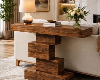 Rustic Console Table: 42 Inch Farmhouse Entryway Table with Geometric Wood Base