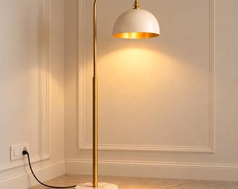 Brass Floor Lamp with Dome Shade Marble Base Standing Lamp Modern Gold Reading Light.