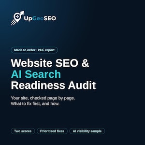 May include: A dark blue digital graphic for a Website SEO & AI Search Readiness Audit. It features the UpGeoSEO logo, the text Made to order, PDF report, and the subtext Your site, checked page by page. What to fix first, and how.