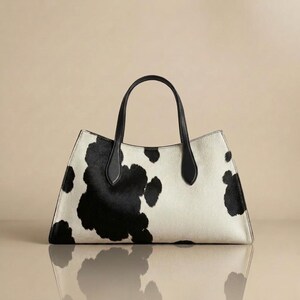 May include: A structured handbag featuring a black and white cow print pattern with a textured hair-on-hide finish. The bag has two black leather top handles and a wide, tapered silhouette with clean edges and a minimalist design aesthetic.