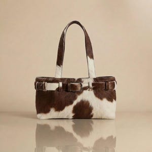 May include: A rectangular handbag crafted from brown and white cowhide with a textured fur finish. The bag features two vertical shoulder straps and a horizontal belt detail across the front, secured with a silver-toned metal buckle.