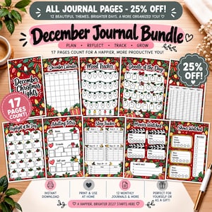 May include: A December Journal Bundle featuring 17 printable pages with a red Christmas light theme. Includes a calendar, mood tracker, doodle page, habit tracker, sleep tracker, and logs for movies and shows. Text includes December Journal Bundle.