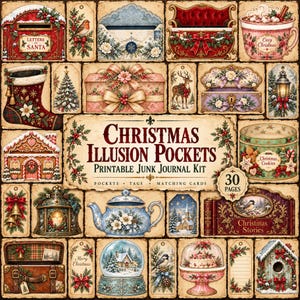 May include: A collection of Christmas-themed printable junk journal kit elements including a mailbox, envelope, stocking, gingerbread house, teapot, snow globe, and tags with the text Christmas Illusion Pockets Printable Junk Journal Kit.