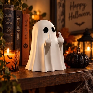 May include: A white ghost figurine with two large black oval eyes, depicted with both hands raised and middle fingers extended. The smooth, matte-finished ghost stands upright, featuring a draped, sheet-like appearance with visible folds.