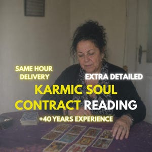 May include: A person with dark hair sits at a table with tarot cards spread out. Text overlays read: SAME HOUR DELIVERY, EXTRA DETAILED, KARMIC SOUL CONTRACT READING, +40 YEARS EXPERIENCE. The person wears a black top and a patterned scarf.