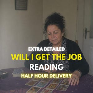 May include: A person sits at a purple table with tarot cards spread out. The text reads: EXTRA DETAILED WILL I GET THE JOB READING HALF HOUR DELIVERY. The person wears a black cardigan over a patterned black and white top with dark hair.