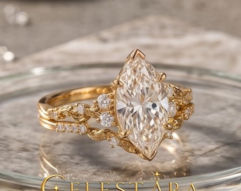 Marquise Moissanite Bridal Set | Yellow Gold Engagement Ring | Curved Wedding Band | Vintage Ring Set | Custom Anniversary Jewelry