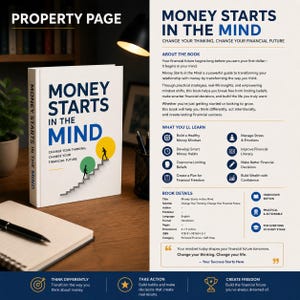 Op de afbeelding: Een hardcover boek getiteld Money Starts in the Mind met een witte kaft met een trapafbeelding en twee figuren. Het boek wordt getoond naast een notitieblok en pen, met een informatiepagina die de inhoud en kenmerken van het boek beschrijft.